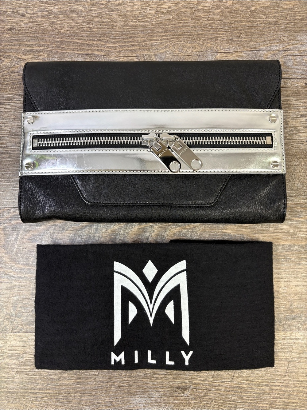 Milly Black & Silver Leather Foldover Clutch Crossbody Bag NWT MSRP $295